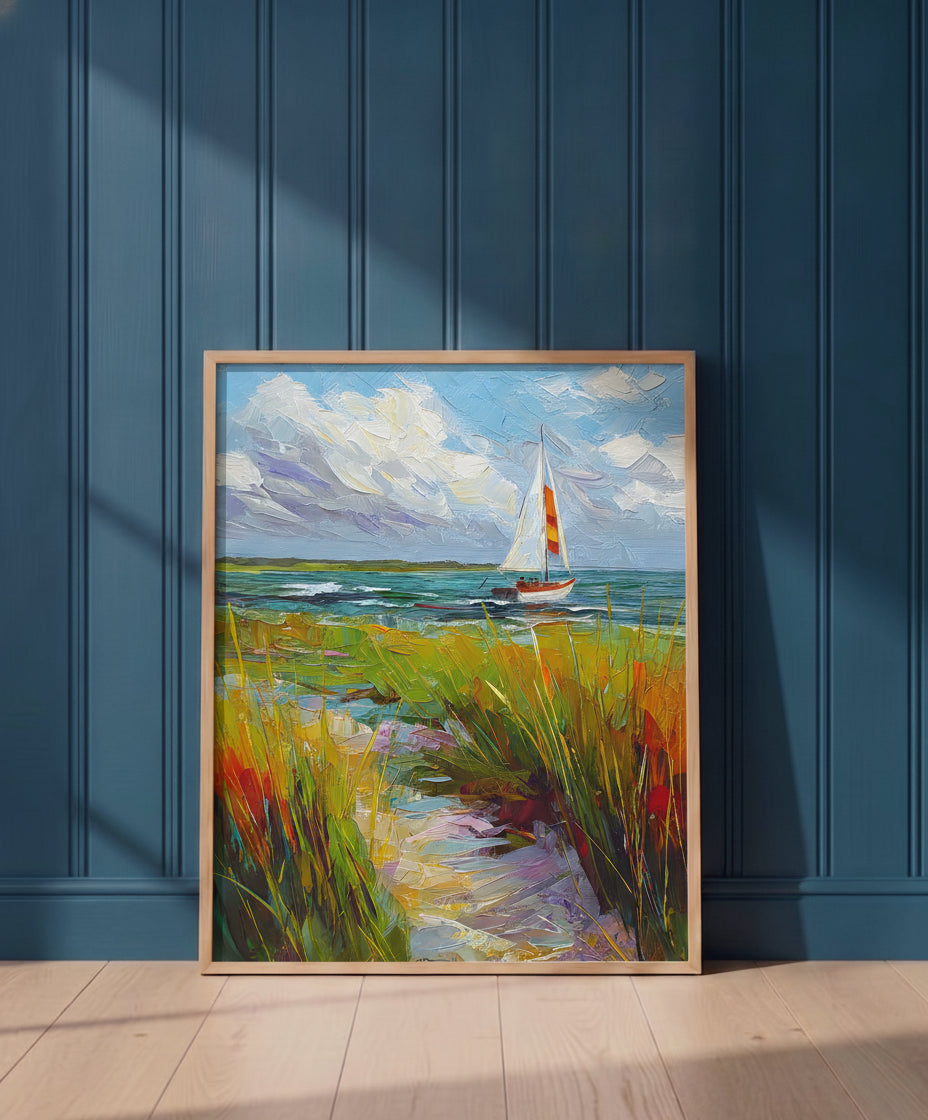 Coastal Sailboat Dune Grass Art art print shown in a blue 1 setting