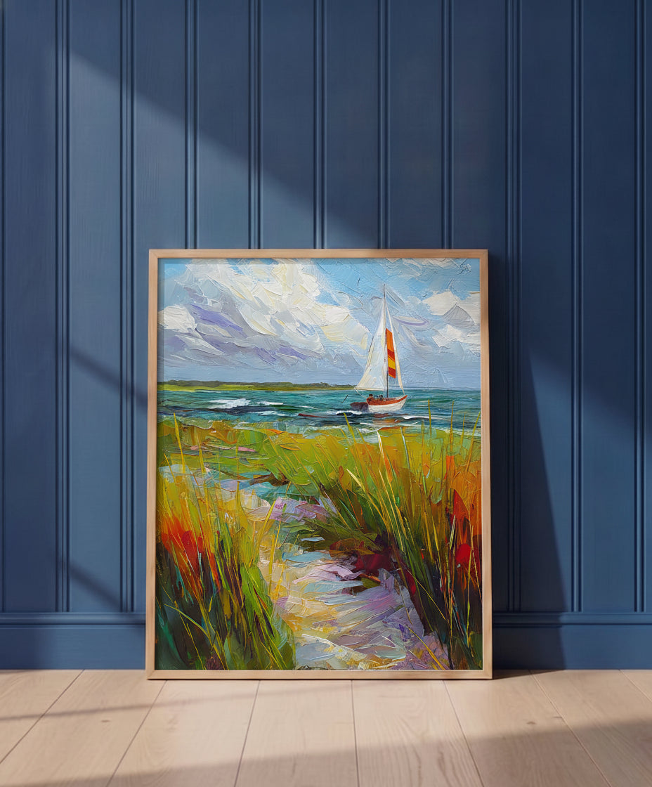 Coastal Sailboat Dune Grass Art art print shown in a blue wall paneled setting