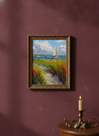 Coastal Sailboat Dune Grass Art art print shown in a burgundy brass setting