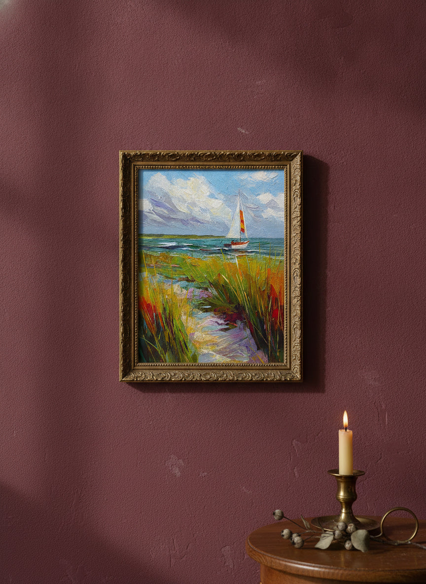 Coastal Sailboat Dune Grass Art art print shown in a burgundy brass setting