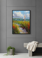 Coastal Sailboat Dune Grass Art art print shown in a charcoal minimal black setting