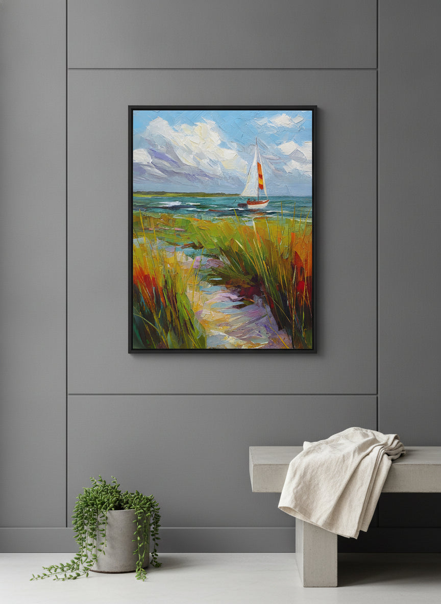 Coastal Sailboat Dune Grass Art art print shown in a charcoal minimal black setting