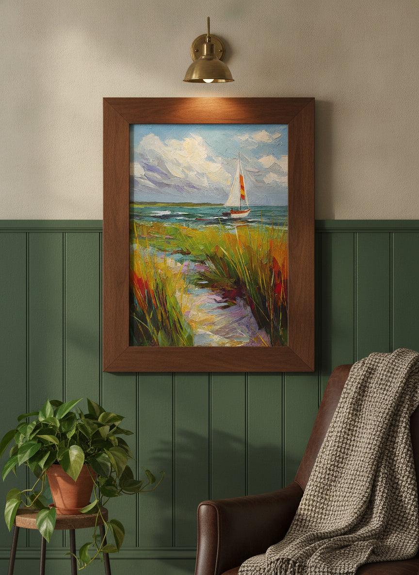 Coastal Sailboat Dune Grass Art art print shown in a forest green walnut setting