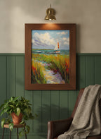 Coastal Sailboat Dune Grass Art art print shown in a forest green walnut setting