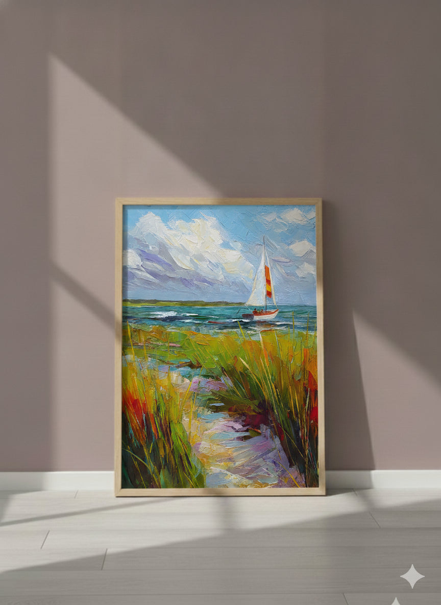 Coastal Sailboat Dune Grass Art art print shown in a purple setting