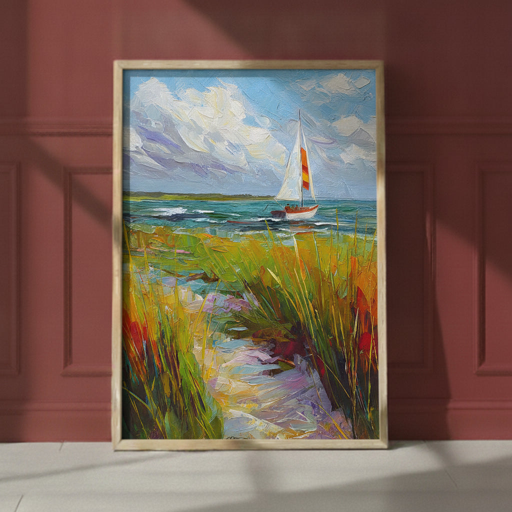 Coastal Sailboat Dune Grass Art art print shown in a red setting
