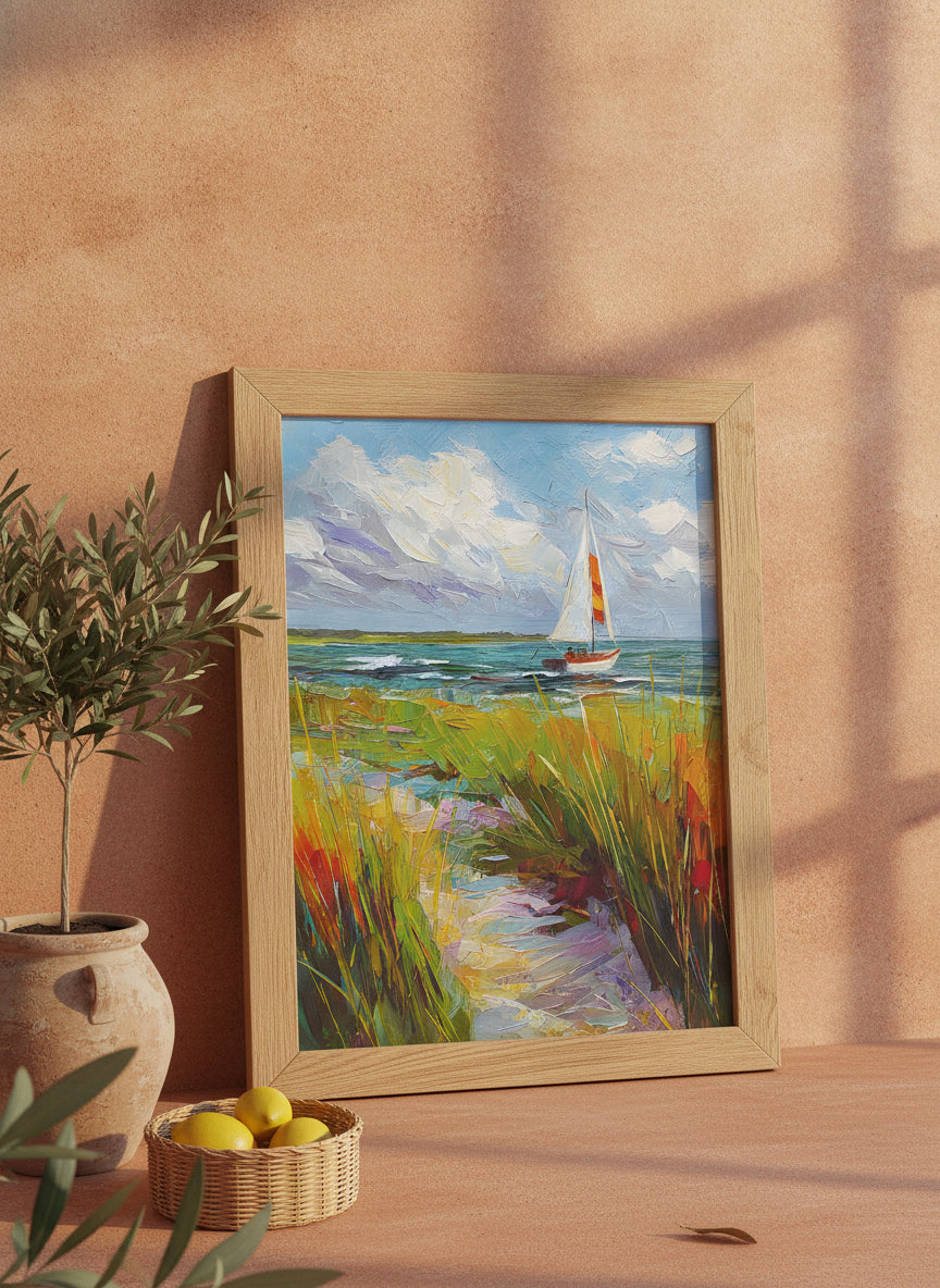 Coastal Sailboat Dune Grass Art art print shown in a terracotta rustic setting
