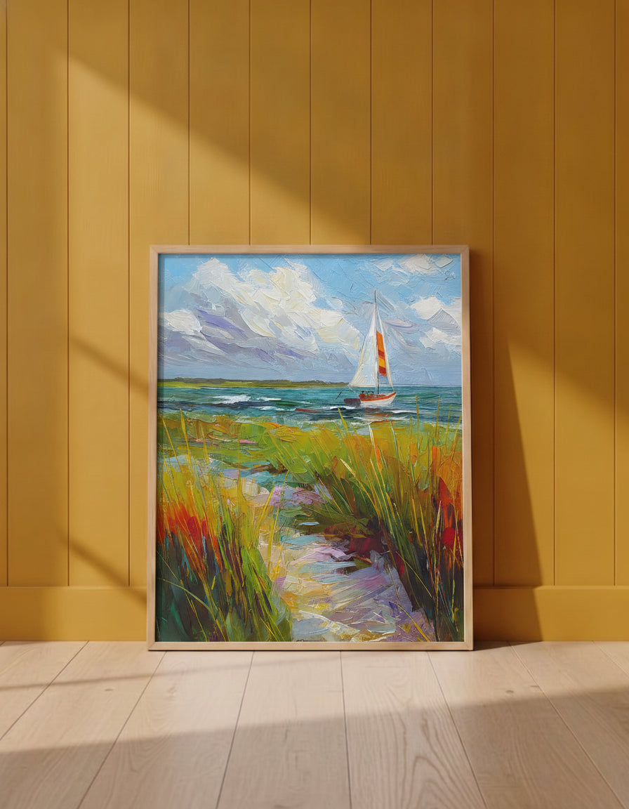 Coastal Sailboat Dune Grass Art art print shown in a yellow wall setting