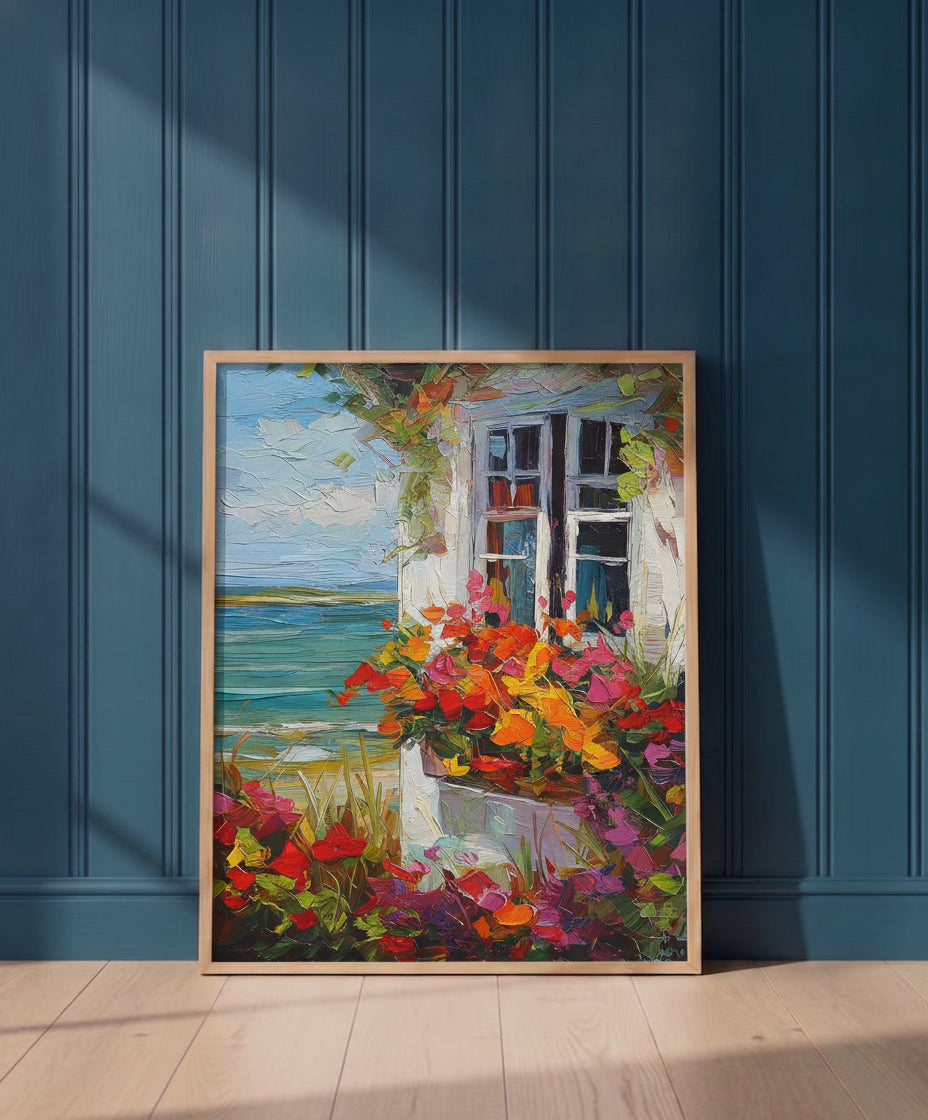 Coastal Cottage Flower Garden Art art print shown in a blue 1 setting