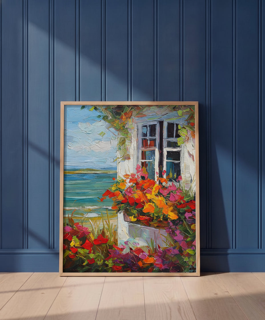 Coastal Cottage Flower Garden Art art print shown in a blue wall paneled setting