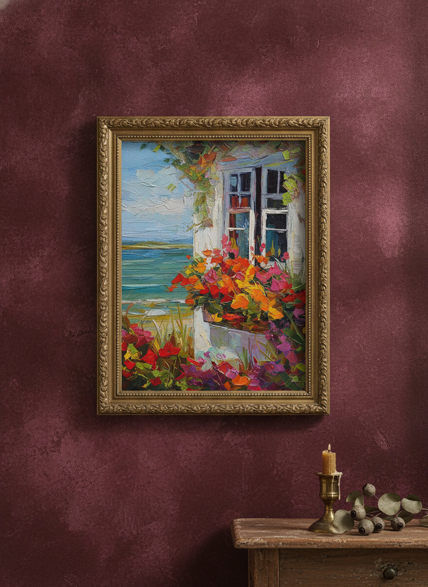 Coastal Cottage Flower Garden Art art print shown in a burgundy brass setting