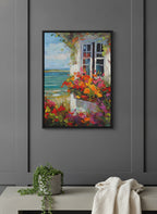 Coastal Cottage Flower Garden Art art print shown in a charcoal minimal black setting