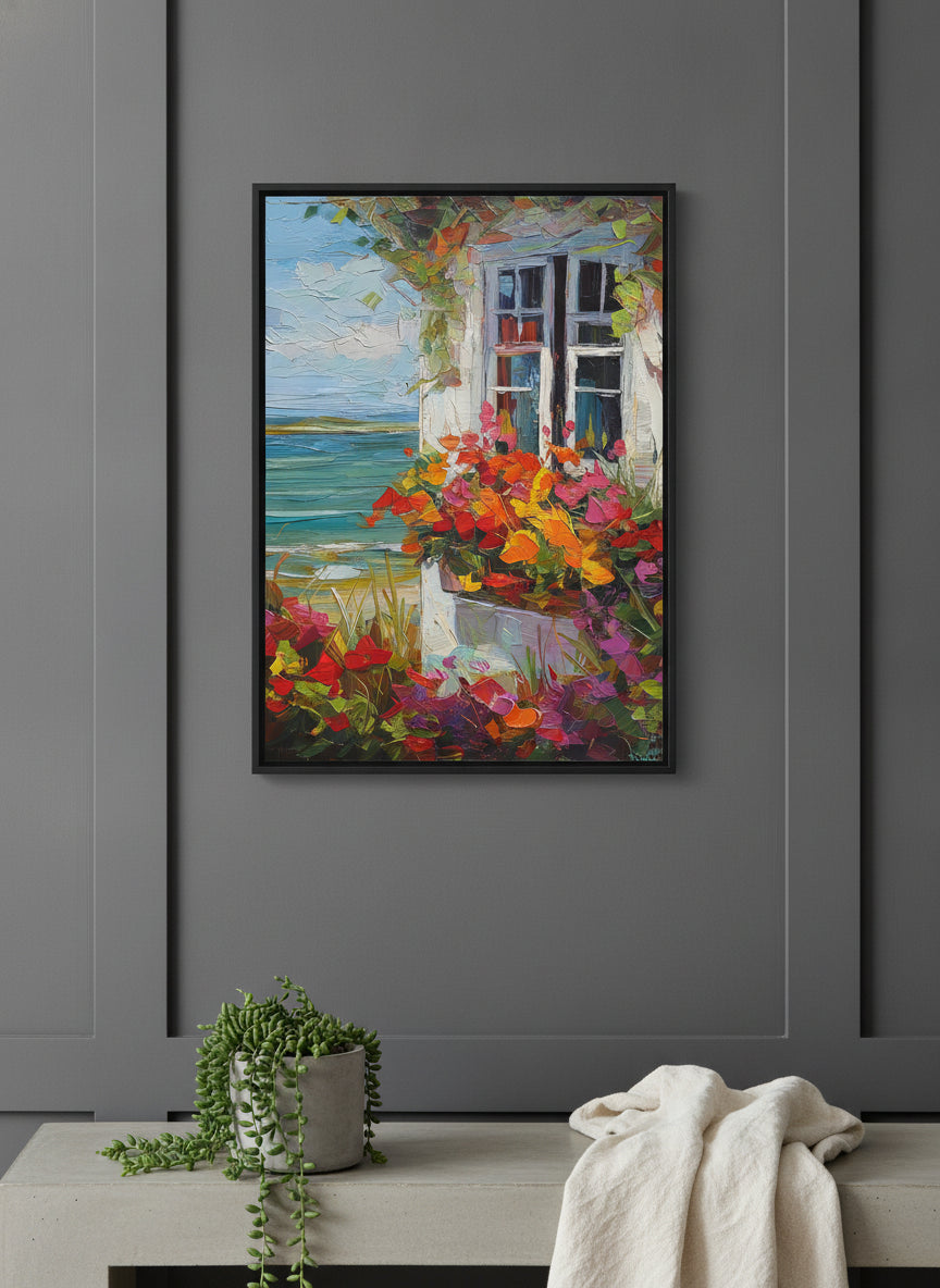 Coastal Cottage Flower Garden Art art print shown in a charcoal minimal black setting