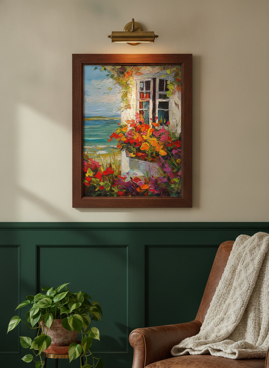 Coastal Cottage Flower Garden Art art print shown in a forest green walnut setting