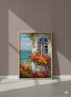 Coastal Cottage Flower Garden Art art print shown in a purple setting