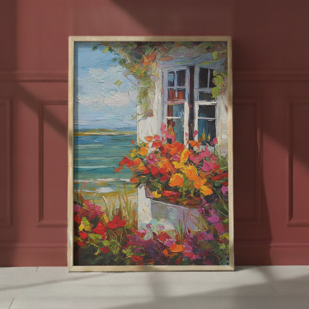 Coastal Cottage Flower Garden Art art print shown in a red setting