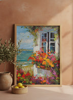 Coastal Cottage Flower Garden Art art print shown in a terracotta rustic setting