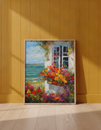Coastal Cottage Flower Garden Art art print shown in a yellow wall setting