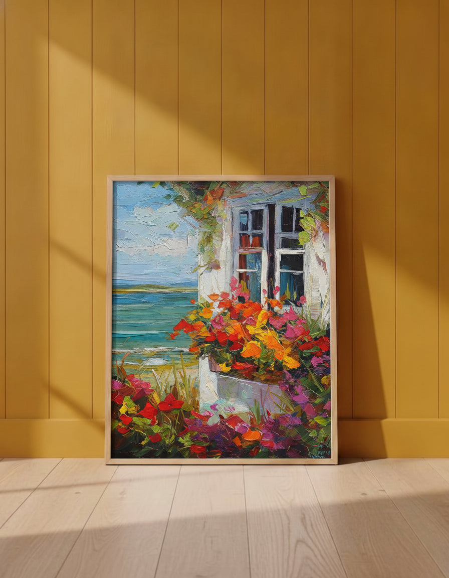 Coastal Cottage Flower Garden Art art print shown in a yellow wall setting