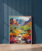 Colorful Canyon Wildflower Landscape art print shown in a blue 1 setting