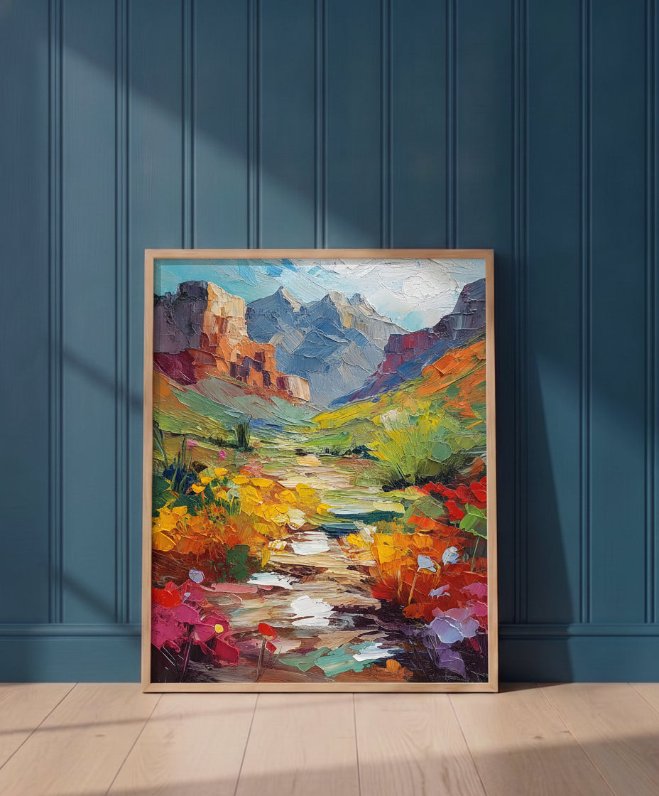 Colorful Canyon Wildflower Landscape art print shown in a blue 1 setting