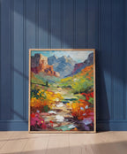 Colorful Canyon Wildflower Landscape art print shown in a blue wall paneled setting