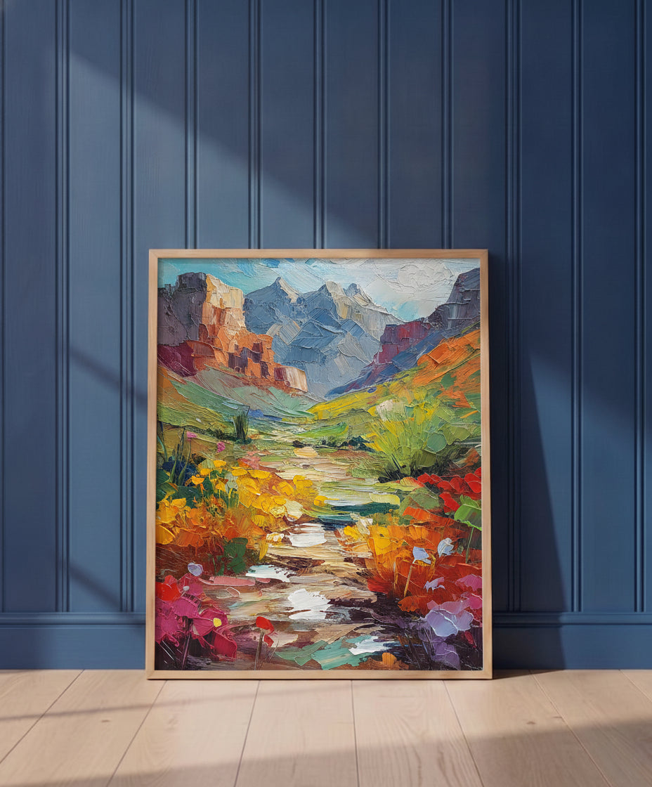 Colorful Canyon Wildflower Landscape art print shown in a blue wall paneled setting