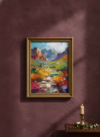 Colorful Canyon Wildflower Landscape art print shown in a burgundy brass setting
