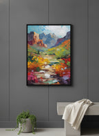 Colorful Canyon Wildflower Landscape art print shown in a charcoal minimal black setting