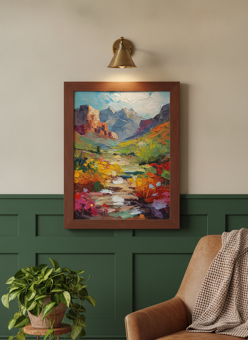 Colorful Canyon Wildflower Landscape art print shown in a forest green walnut setting