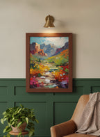 Colorful Canyon Wildflower Landscape art print shown in a forest green walnut setting