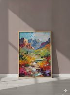 Colorful Canyon Wildflower Landscape art print shown in a purple setting