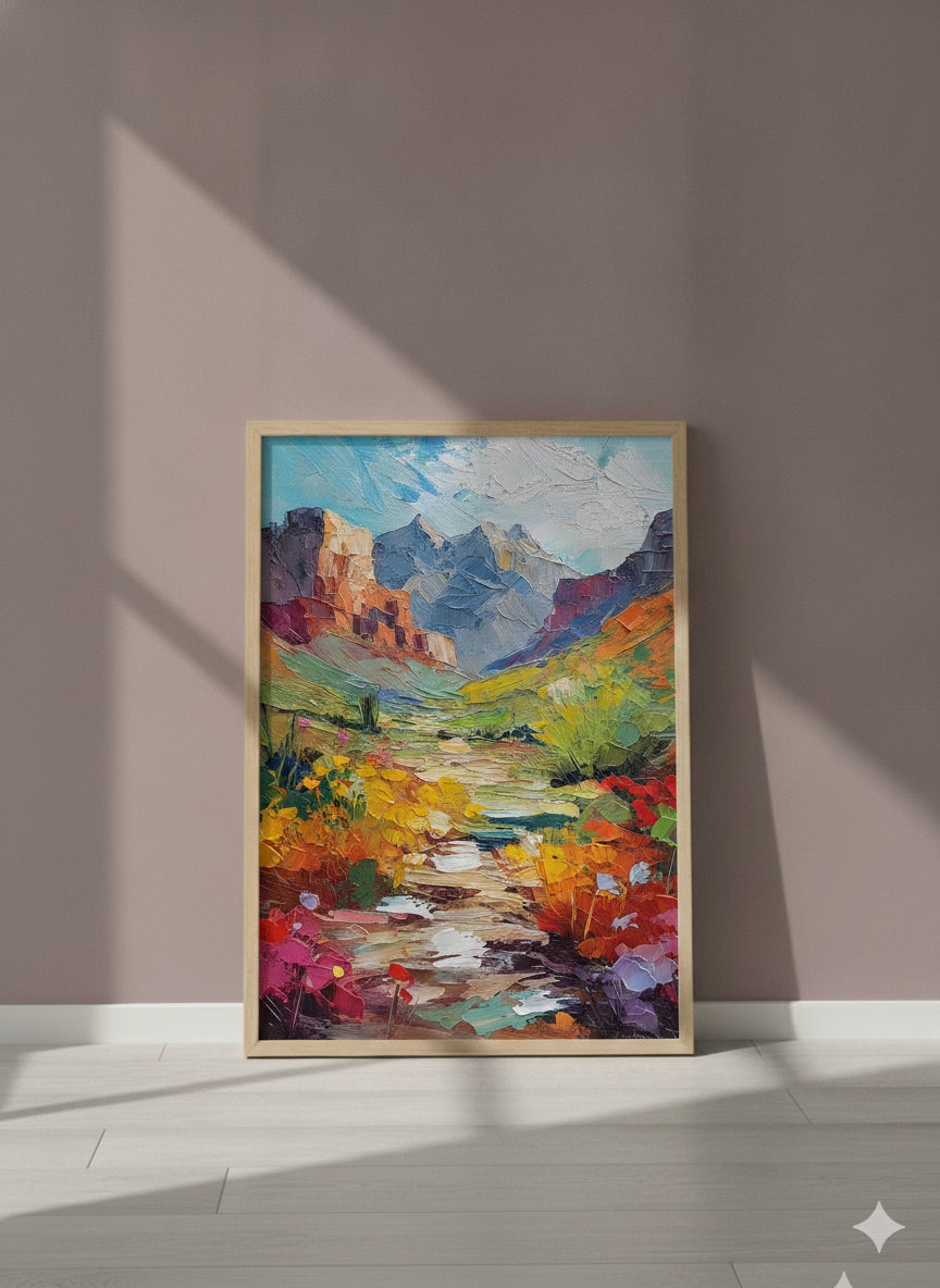 Colorful Canyon Wildflower Landscape art print shown in a purple setting