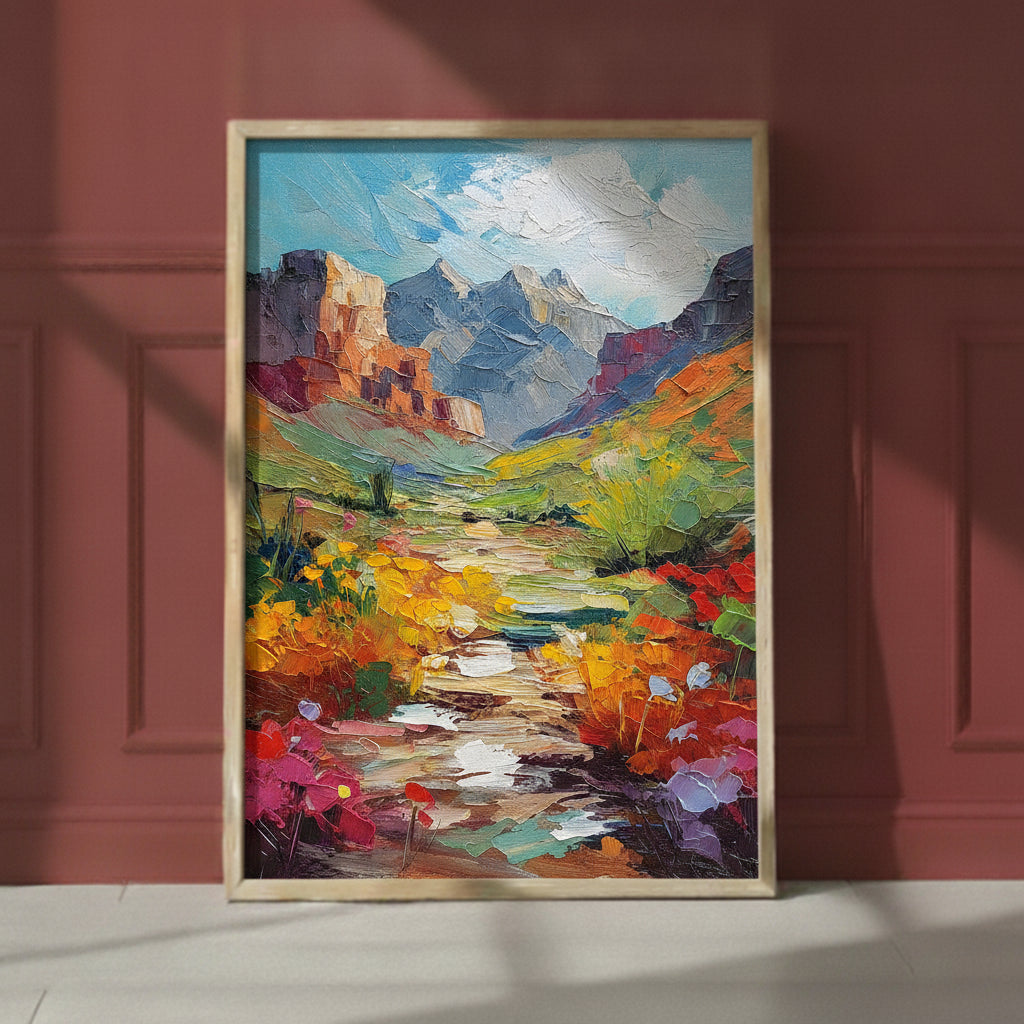 Colorful Canyon Wildflower Landscape art print shown in a red setting