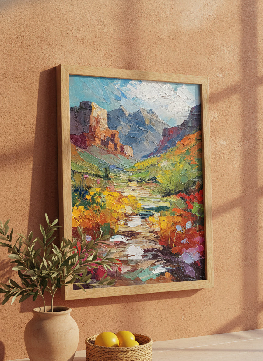 Colorful Canyon Wildflower Landscape art print shown in a terracotta rustic setting