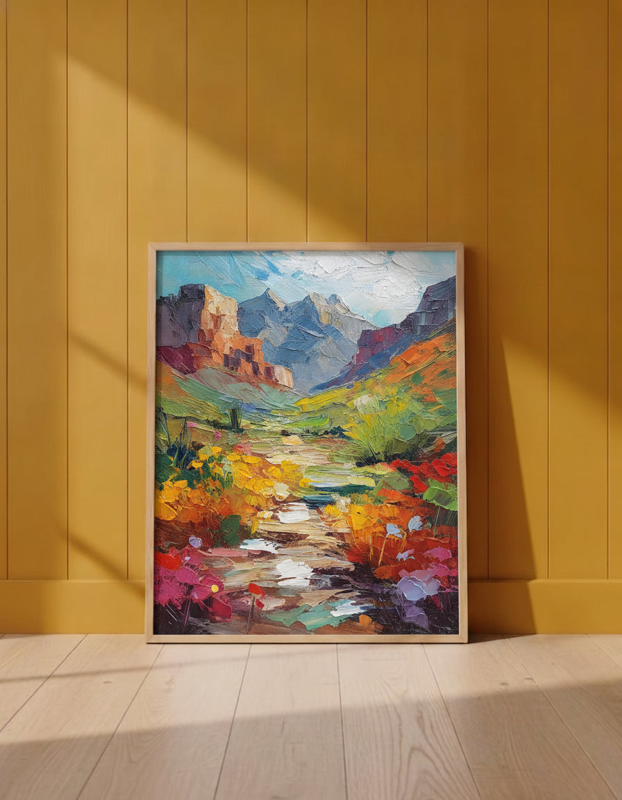 Colorful Canyon Wildflower Landscape art print shown in a yellow wall setting