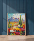 Colorful Desert Cactus Wildflower Art art print shown in a blue 1 setting