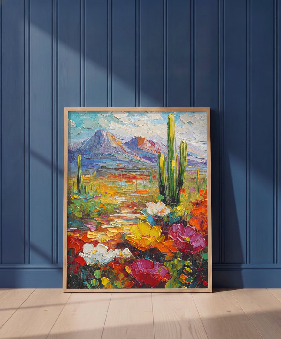 Colorful Desert Cactus Wildflower Art art print shown in a blue wall paneled setting