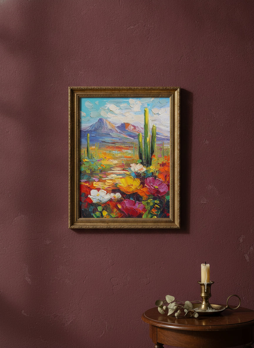Colorful Desert Cactus Wildflower Art art print shown in a burgundy brass setting