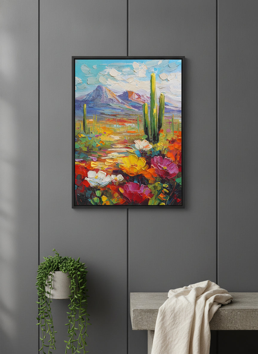 Colorful Desert Cactus Wildflower Art art print shown in a charcoal minimal black setting