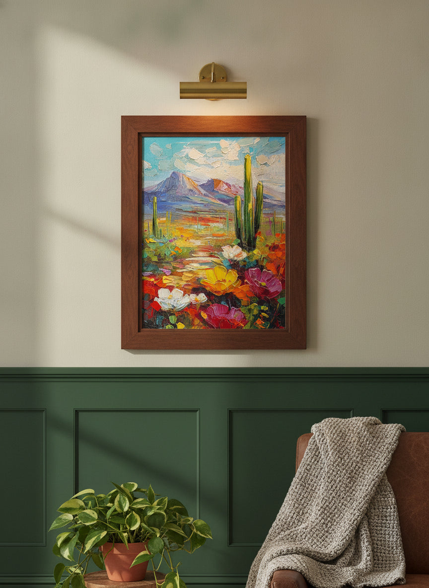 Colorful Desert Cactus Wildflower Art art print shown in a forest green walnut setting