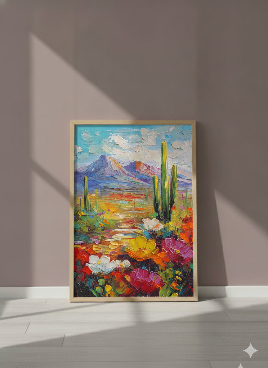 Colorful Desert Cactus Wildflower Art art print shown in a purple setting