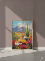 Colorful Desert Cactus Wildflower Art art print shown in a purple setting