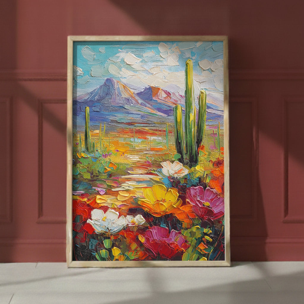 Colorful Desert Cactus Wildflower Art art print shown in a red setting