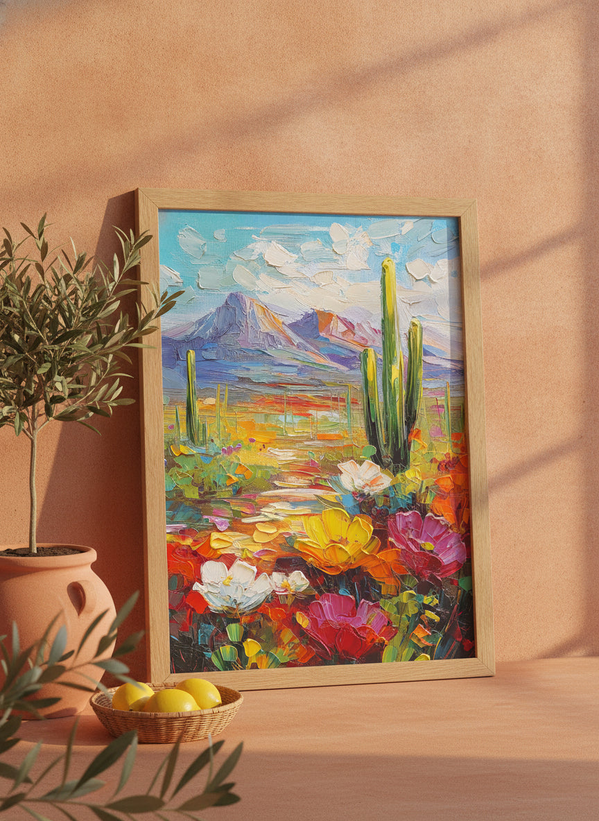 Colorful Desert Cactus Wildflower Art art print shown in a terracotta rustic setting