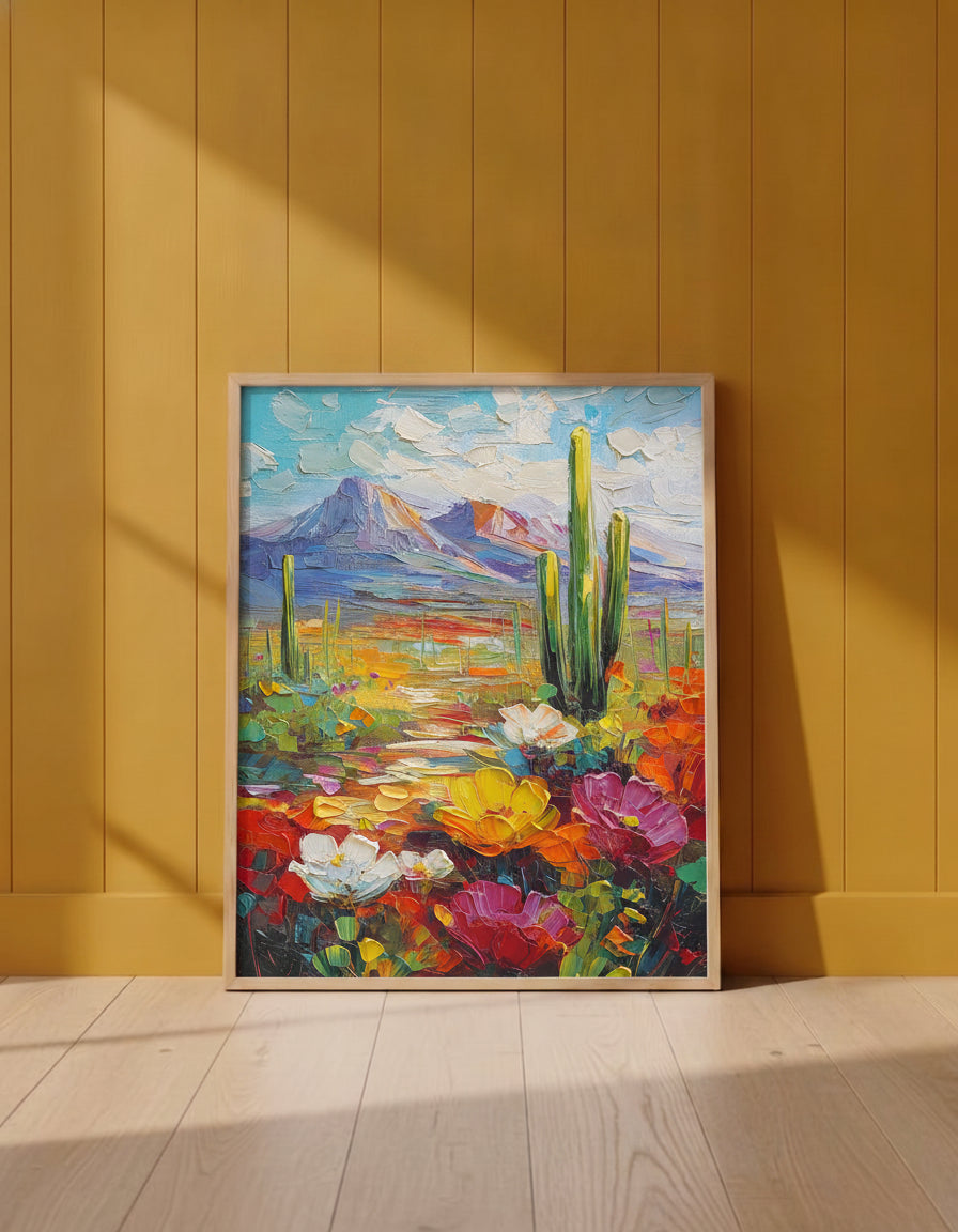 Colorful Desert Cactus Wildflower Art art print shown in a yellow wall setting