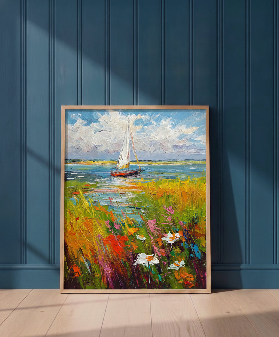 Sailboat Wildflower Meadow Painting art print shown in a blue 1 setting