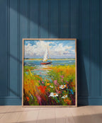 Sailboat Wildflower Meadow Painting art print shown in a blue 1 setting
