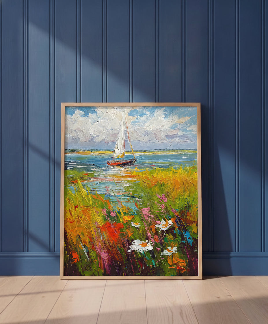 Sailboat Wildflower Meadow Painting art print shown in a blue wall paneled setting