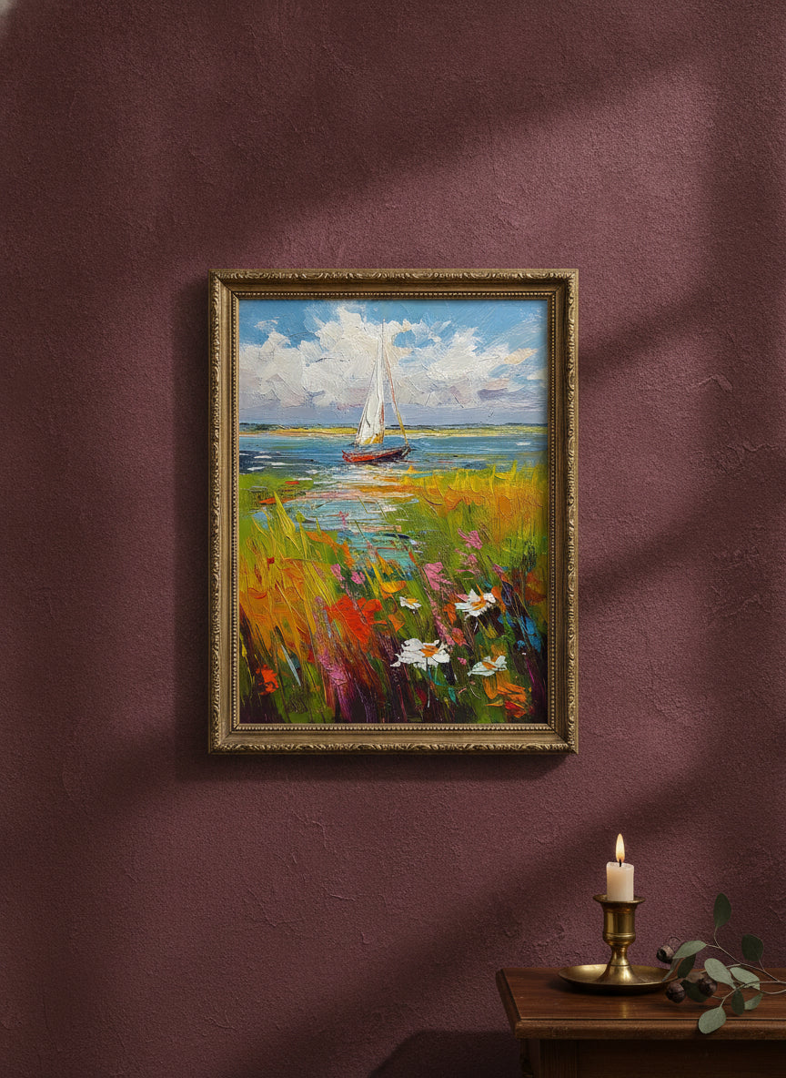 Sailboat Wildflower Meadow Painting art print shown in a burgundy brass setting